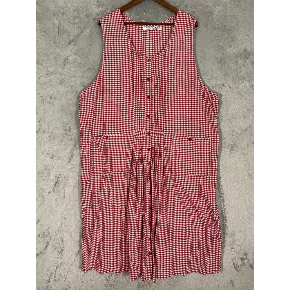 Venezia Jumper Dress 3X Red Gingham Button Front Cotton Pleated Pockets Farmcore